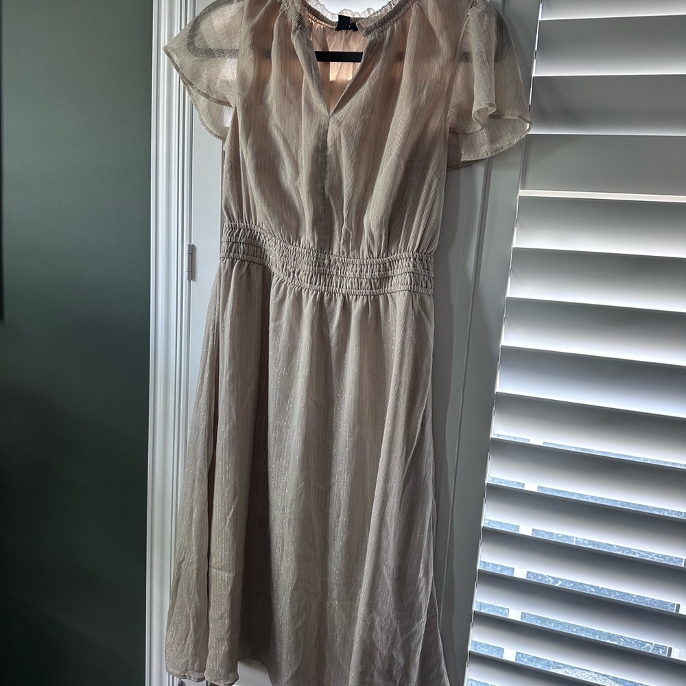 Ann Taylor metallic stripe Flutter-Sleeve Midi Dress in Light Beige
